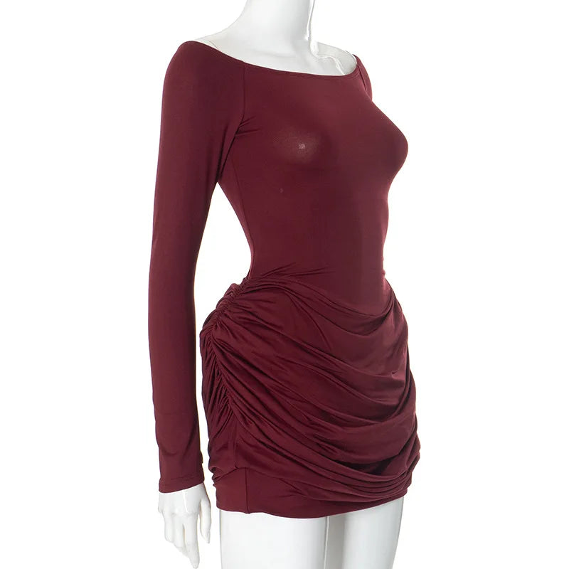 Trendix Pleated Bodycon Mini Dress Women's Sexy Off Shoulder High Waist Long Sleeve Dresses Femme Party Elegant Burgundy Dress
