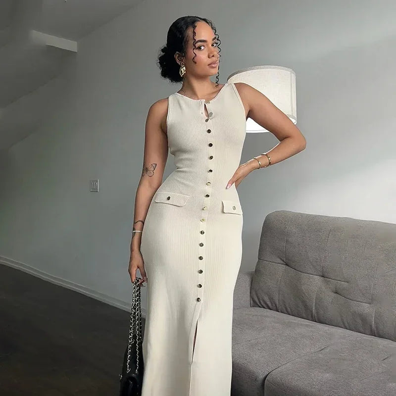 Trendix Elegant Knitted Dress For Women Patchwork Pocket Sleeveless High Waist Long Dresses Femme Street Slim Knit Evening Dress