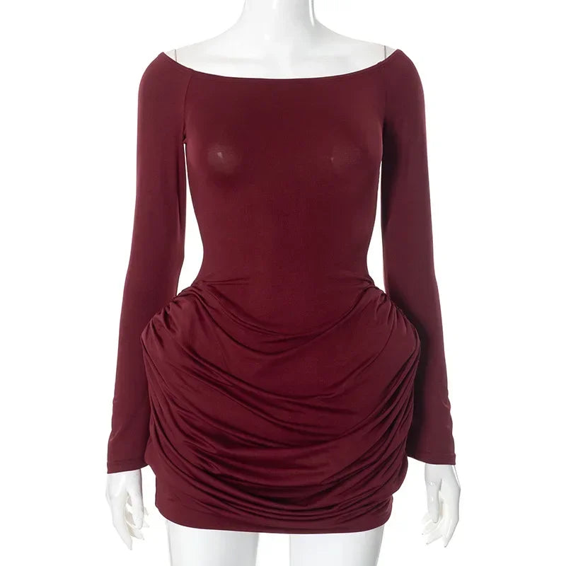 Trendix Pleated Bodycon Mini Dress Women's Sexy Off Shoulder High Waist Long Sleeve Dresses Femme Party Elegant Burgundy Dress