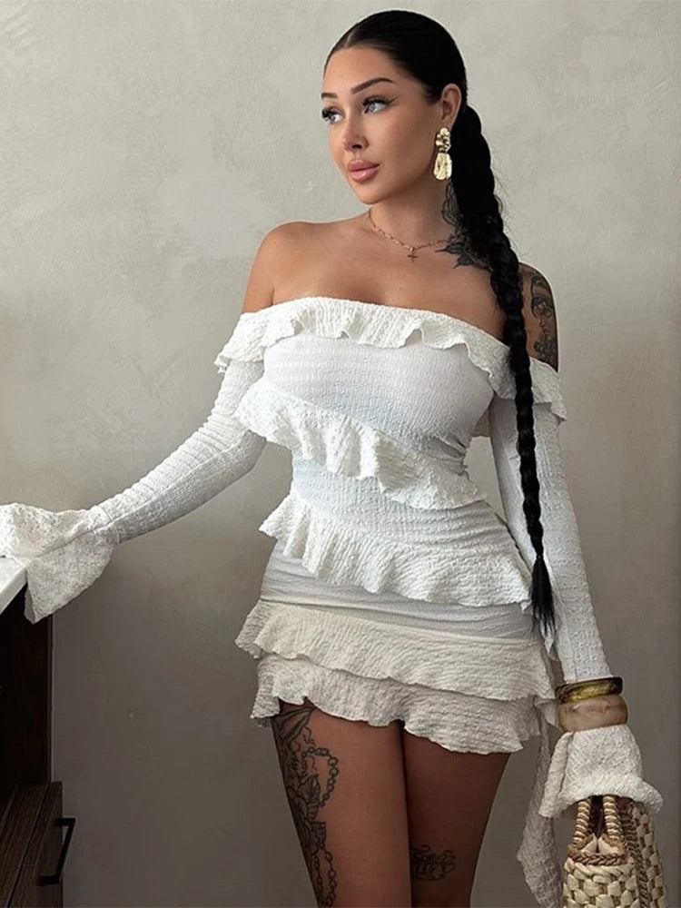 Trendix Ruffle Off Shoulder Dress Women Sexy Backless Long Sleeve High Waist Mini Dress Party Fashion Elegant Vacation Dresses
