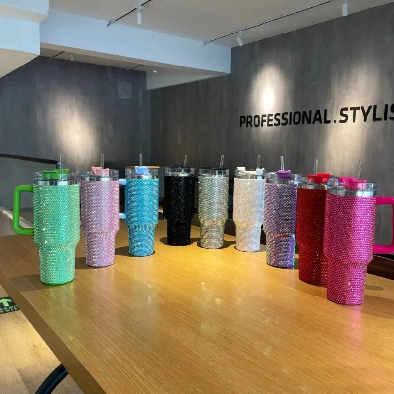 New 40oz Rhinestone Embellished Thermos Cup with Handle Tumbler Cup Coffee Insulated Bottle Car Vacuum Flasks Keep Cold And Ice