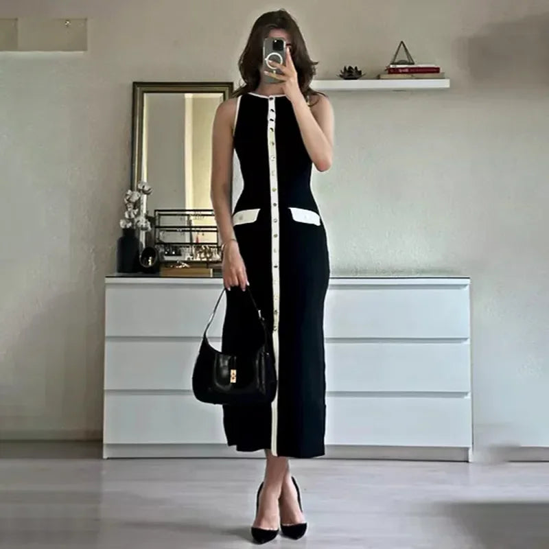 Trendix Elegant Knitted Dress For Women Patchwork Pocket Sleeveless High Waist Long Dresses Femme Street Slim Knit Evening Dress