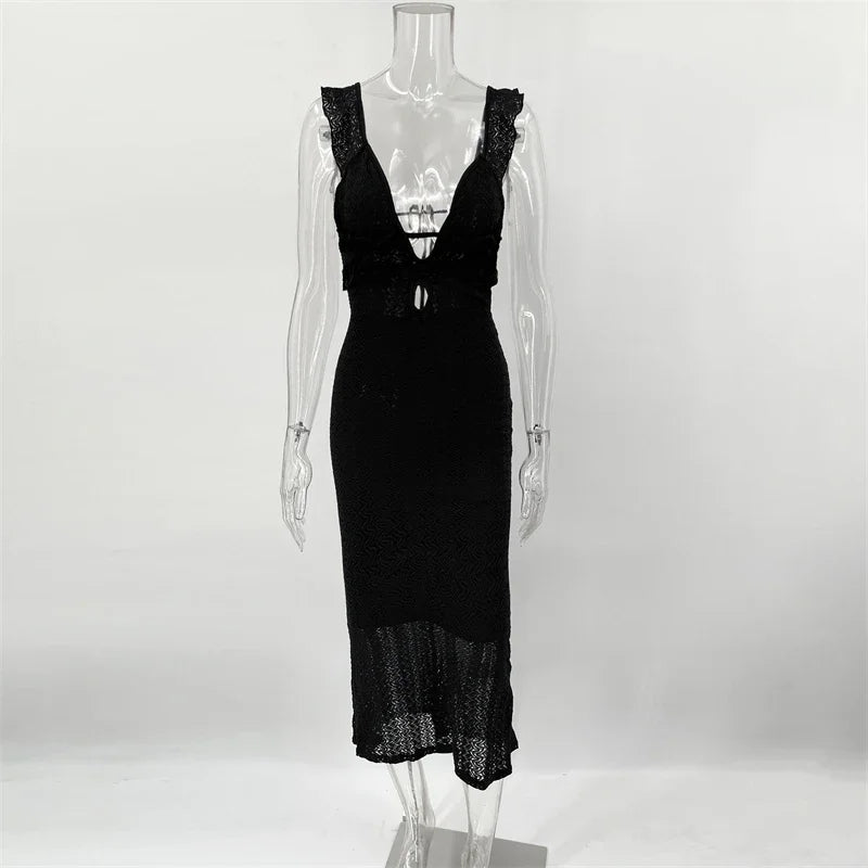 Trendix Deep V Neck Knit Dresses Women Sleeveless See Through High Waist Cover Up Dress Femme Vacation Sexy Knitted Beach Dress