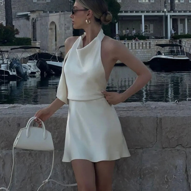 Trendix Sexy Backless Satin Dress For Women Solid Fashion Lace Up Halter Mini Dresses Vacation Casual Party A-Line Elegant Dress