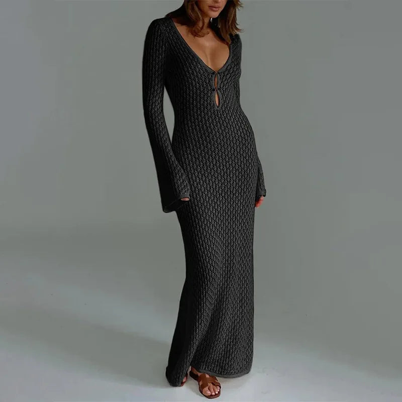 Trendix Knitted Crochet Cover Up Dress Women White Hollow Long Sleeve Maxi Dresses Vacation V Neck Backless Beach Dress Femme