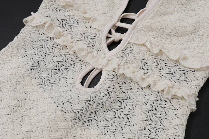 Trendix Deep V Neck Knit Dresses Women Sleeveless See Through High Waist Cover Up Dress Femme Vacation Sexy Knitted Beach Dress