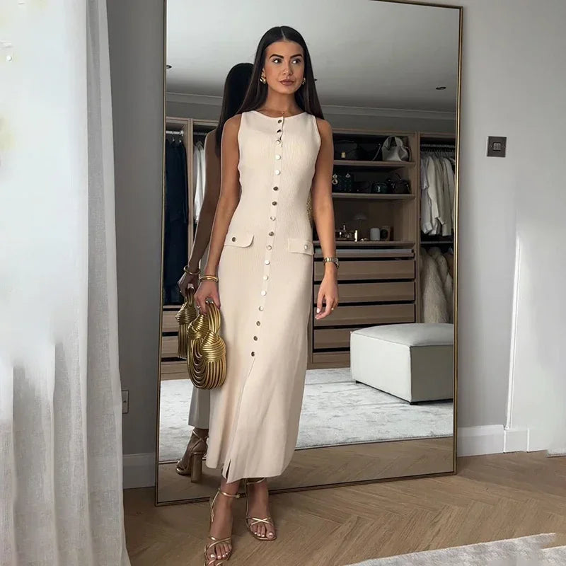 Trendix Elegant Knitted Dress For Women Patchwork Pocket Sleeveless High Waist Long Dresses Femme Street Slim Knit Evening Dress