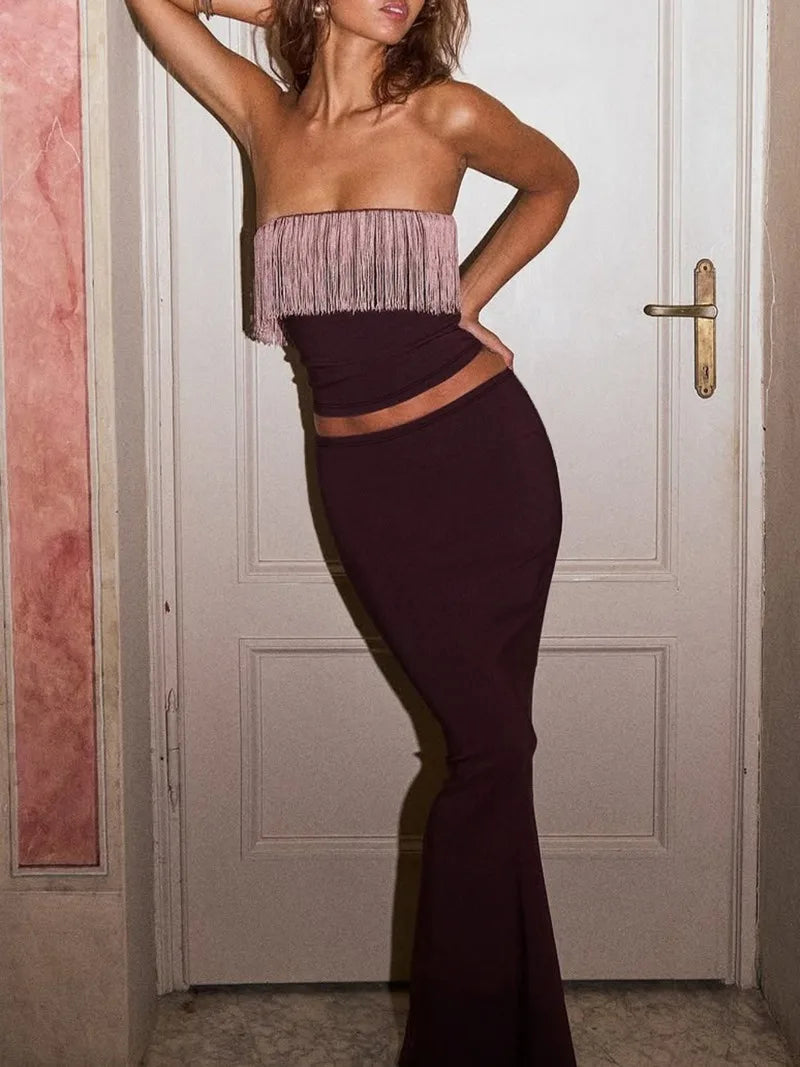 Trendix Tassel Tops 2 Piece Sets Women Sexy Off Shoulder Slim Pullover Crop Tops And Solid High Waist Sheath Skirt Suits Femme