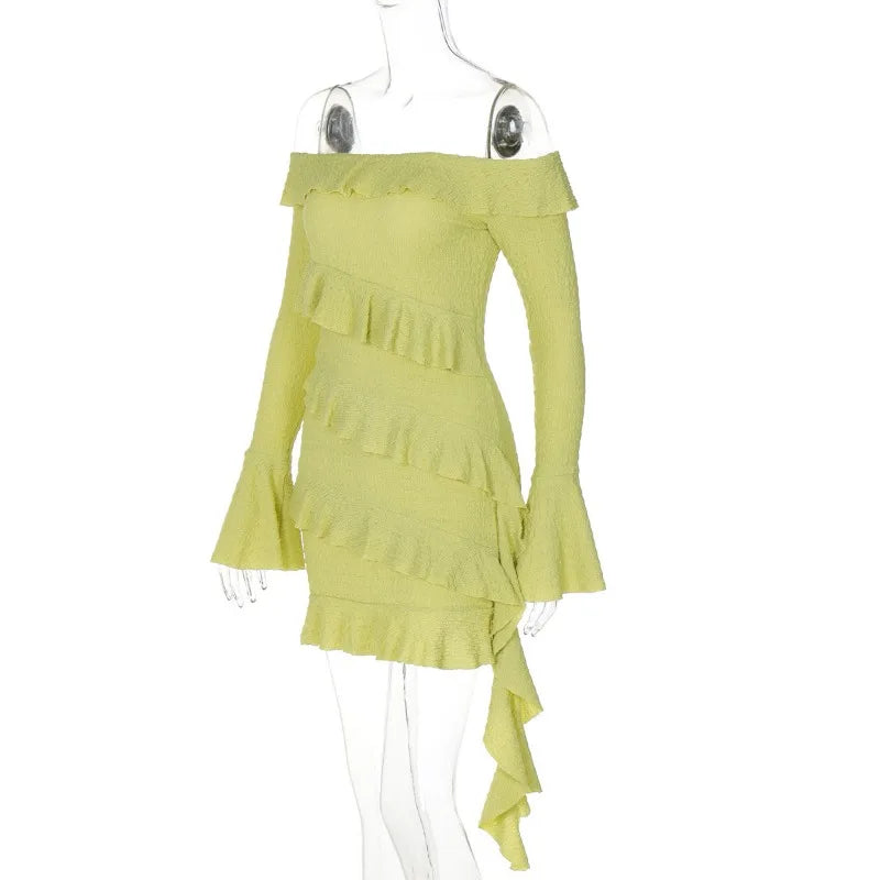 Trendix Ruffle Off Shoulder Dress Women Sexy Backless Long Sleeve High Waist Mini Dress Party Fashion Elegant Vacation Dresses