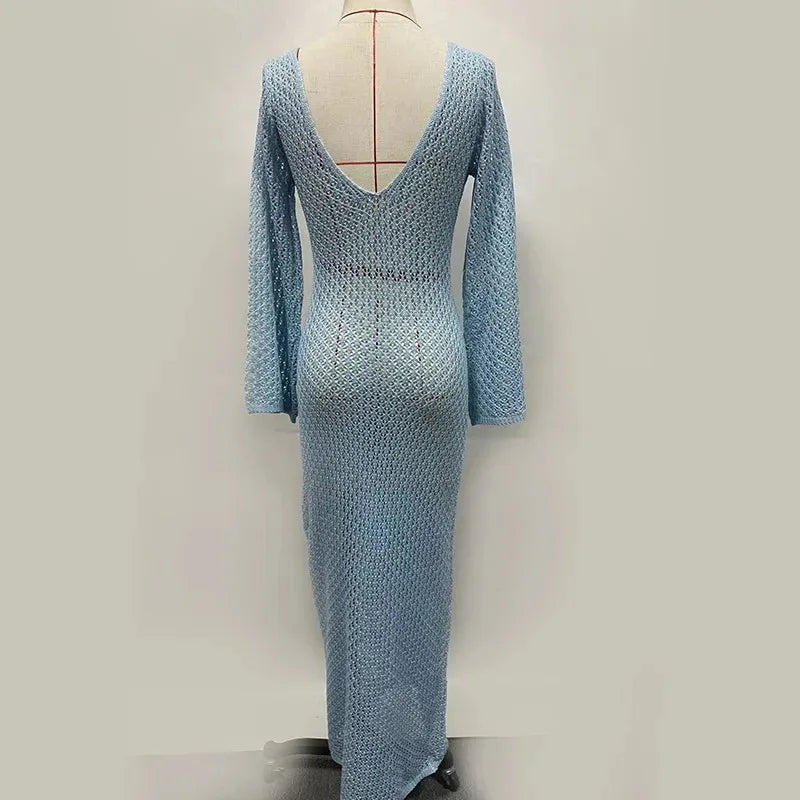 Trendix Knitted Crochet Cover Up Dress Women White Hollow Long Sleeve Maxi Dresses Vacation V Neck Backless Beach Dress Femme