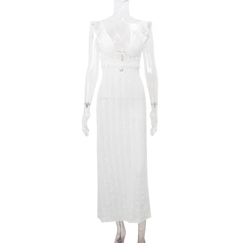Trendix Deep V Neck Knit Dresses Women Sleeveless See Through High Waist Cover Up Dress Femme Vacation Sexy Knitted Beach Dress