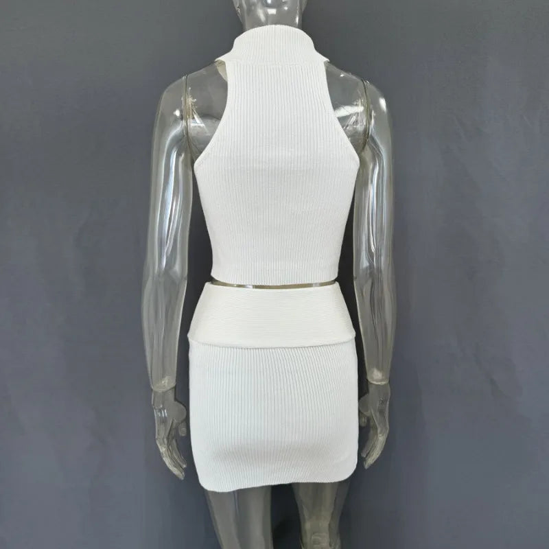 Trendix Knit Top 2 Piece Women Summer Off Shoulder O Neck Slim Crop Tops High Waist Rib Knitwear Tank And Sheath Skirt Sets 2025