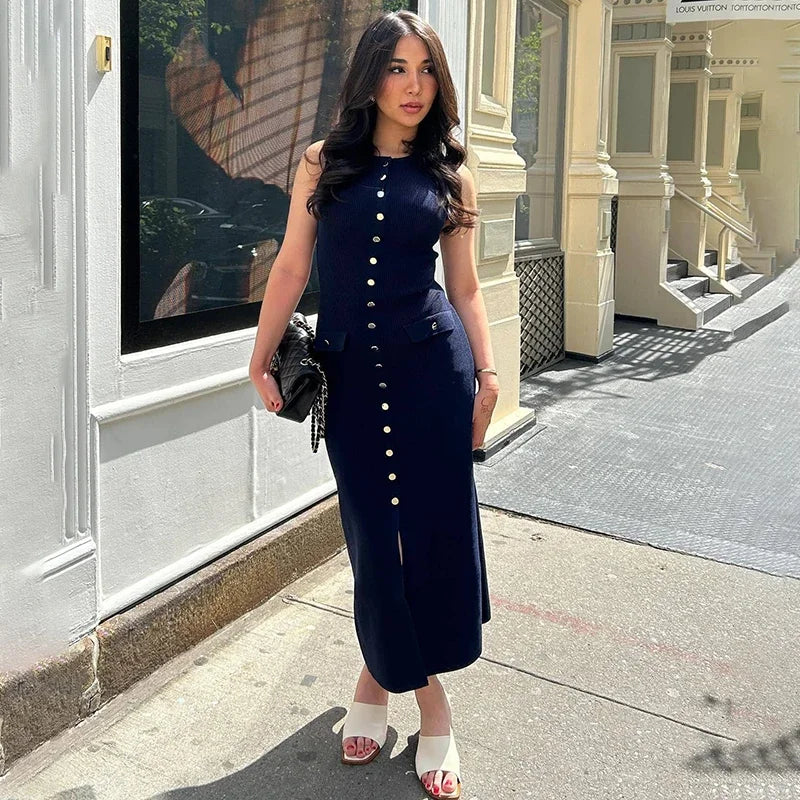 Trendix Elegant Knitted Dress For Women Patchwork Pocket Sleeveless High Waist Long Dresses Femme Street Slim Knit Evening Dress