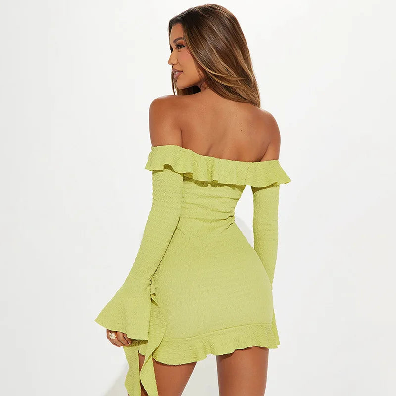 Trendix Ruffle Off Shoulder Dress Women Sexy Backless Long Sleeve High Waist Mini Dress Party Fashion Elegant Vacation Dresses