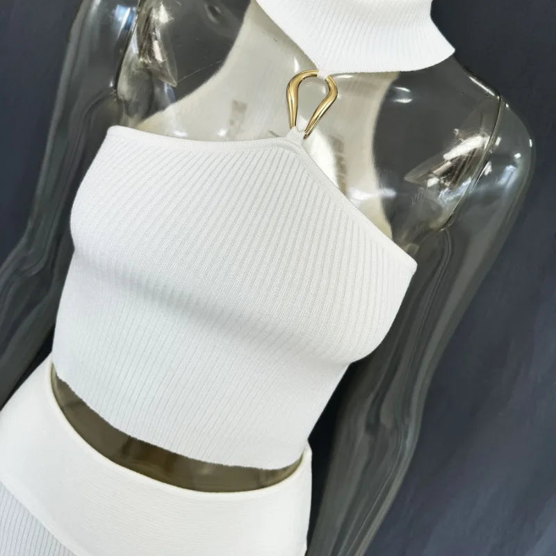 Trendix Knit Top 2 Piece Women Summer Off Shoulder O Neck Slim Crop Tops High Waist Rib Knitwear Tank And Sheath Skirt Sets 2025