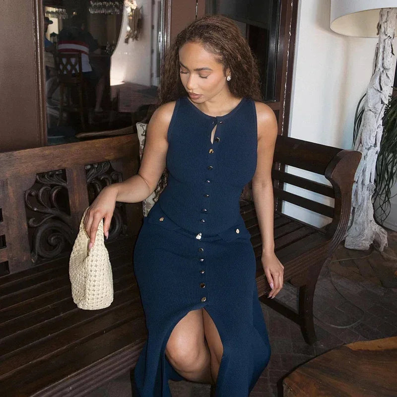 Trendix Elegant Knitted Dress For Women Patchwork Pocket Sleeveless High Waist Long Dresses Femme Street Slim Knit Evening Dress