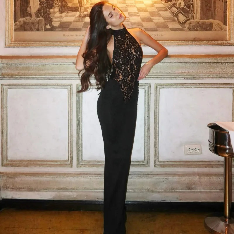 Trendix Lace Patchwork Elegant Evening Dress Women High Waist Slim Sleeveless Maxi Dresses Party Club Sexy Bodycon Long Dress