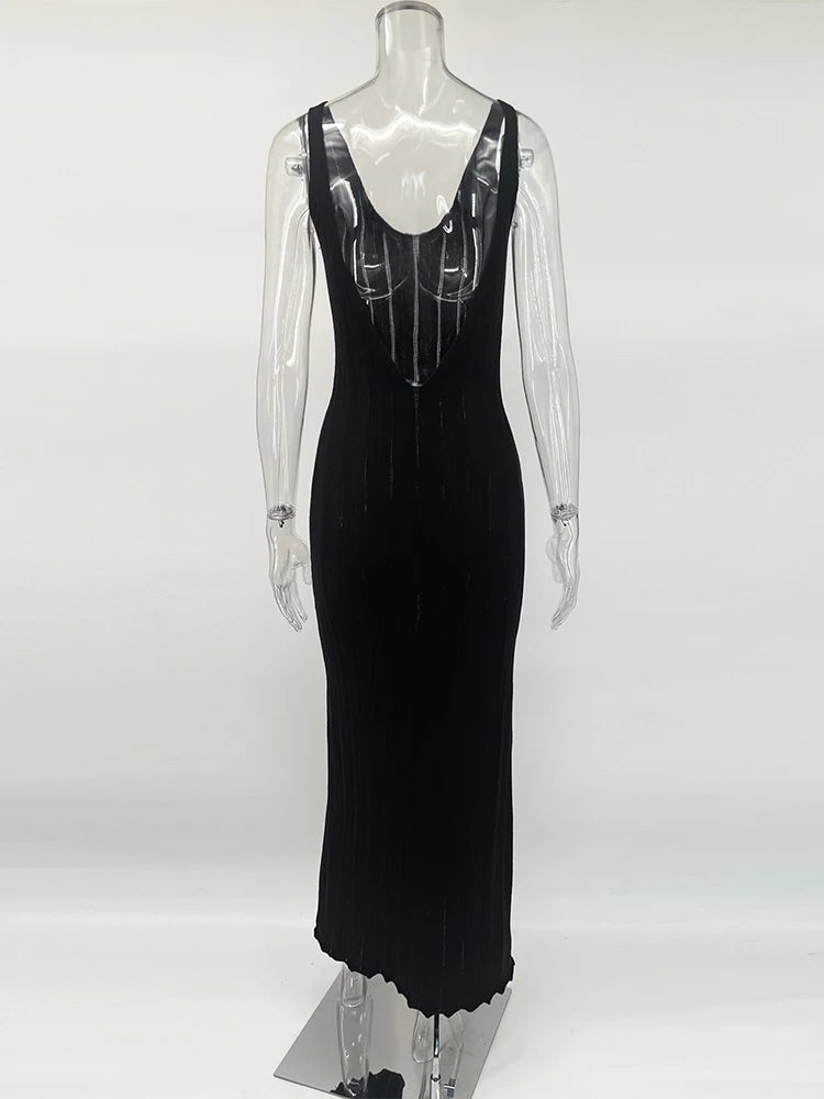 Trendix Knit Backless Dress For Women V Neck Slim Sleeveless Suspender Maxi Dress Vacation Sexy Beach Knitted Elegant Long Dress