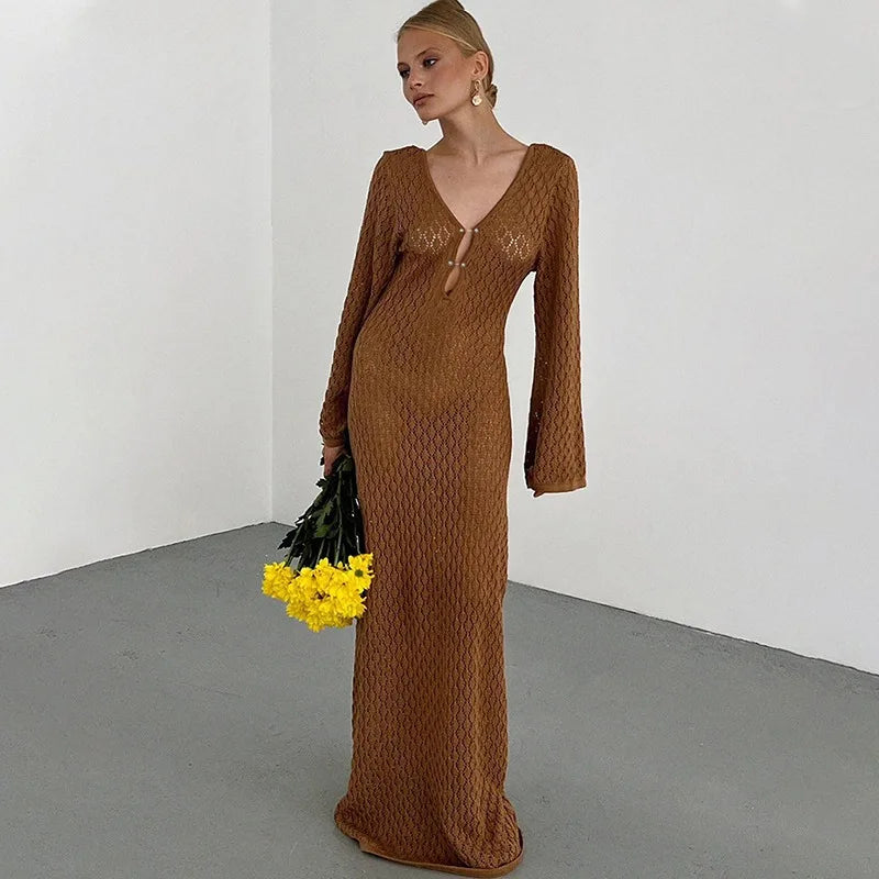 Trendix Knitted Crochet Cover Up Dress Women White Hollow Long Sleeve Maxi Dresses Vacation V Neck Backless Beach Dress Femme