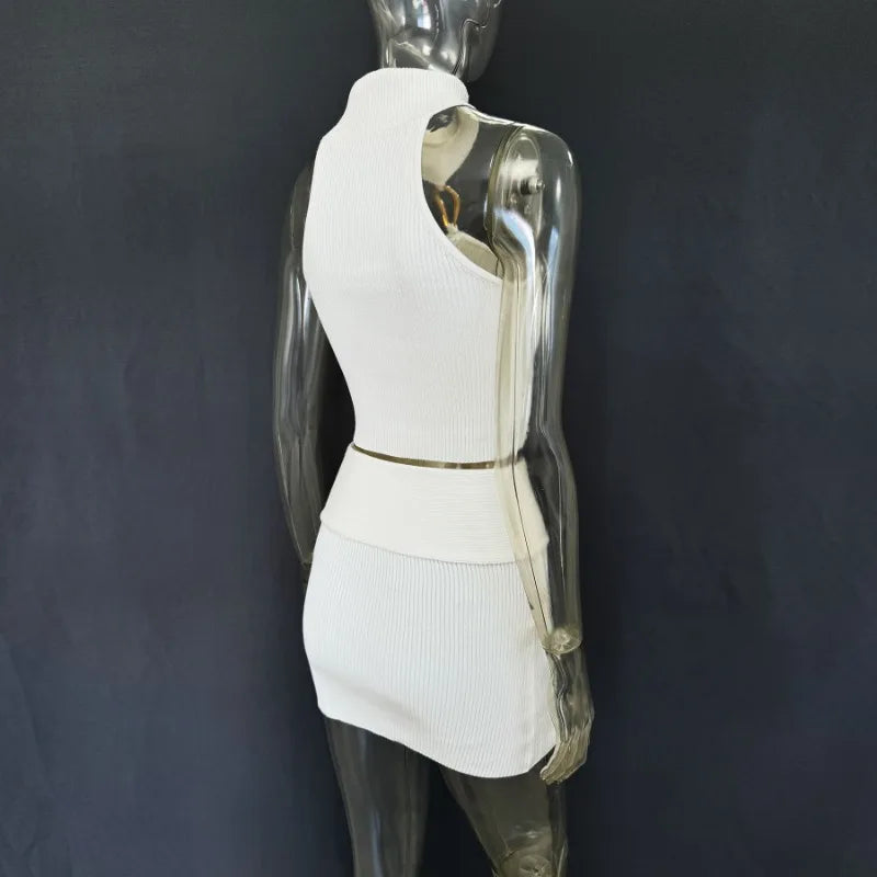 Trendix Knit Top 2 Piece Women Summer Off Shoulder O Neck Slim Crop Tops High Waist Rib Knitwear Tank And Sheath Skirt Sets 2025