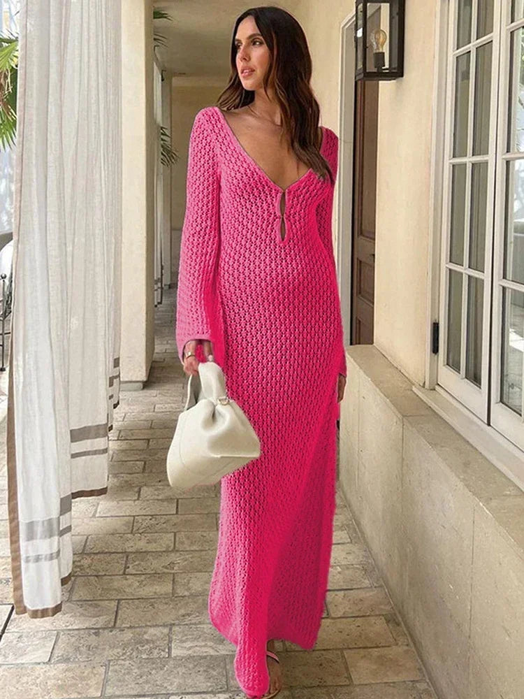 Trendix Knitted Crochet Cover Up Dress Women White Hollow Long Sleeve Maxi Dresses Vacation V Neck Backless Beach Dress Femme