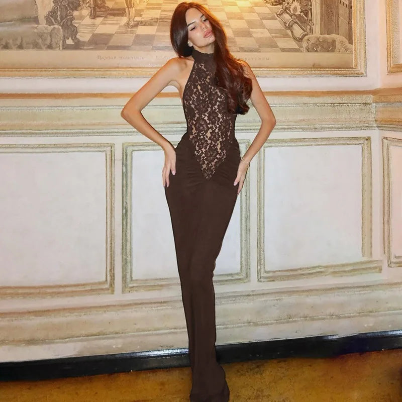 Trendix Lace Patchwork Elegant Evening Dress Women High Waist Slim Sleeveless Maxi Dresses Party Club Sexy Bodycon Long Dress