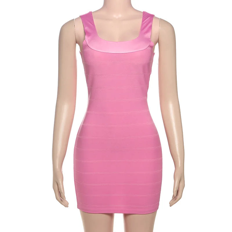 Trendix Sexy Backless Slim Mini Dress Women Summer Bodycon Solid Pleated Suspender Dress Vacation Party Patchwork Short Dress