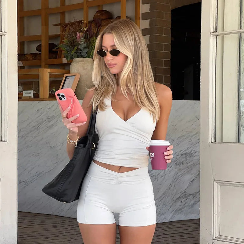 Trendix Bodycon Tank Tops 2 Piece Sets Women Summer Slim Solid Sports Yoga Shorts Ladies Street Sexy Deep V Neck Crop Top Suits