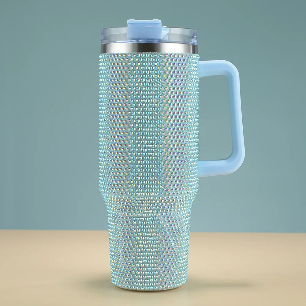 New 40oz Rhinestone Embellished Thermos Cup with Handle Tumbler Cup Coffee Insulated Bottle Car Vacuum Flasks Keep Cold And Ice