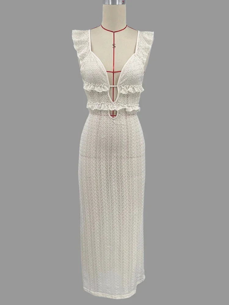 Trendix Deep V Neck Knit Dresses Women Sleeveless See Through High Waist Cover Up Dress Femme Vacation Sexy Knitted Beach Dress