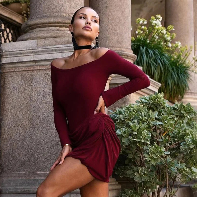 Trendix Pleated Bodycon Mini Dress Women's Sexy Off Shoulder High Waist Long Sleeve Dresses Femme Party Elegant Burgundy Dress