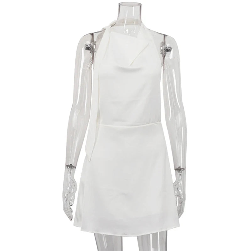 Trendix Sexy Backless Satin Dress For Women Solid Fashion Lace Up Halter Mini Dresses Vacation Casual Party A-Line Elegant Dress