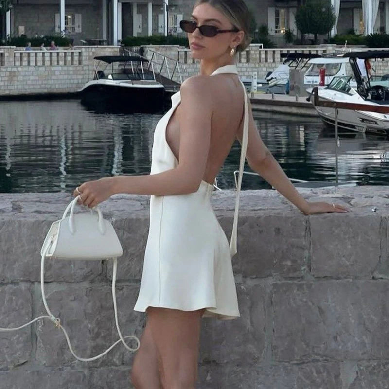 Trendix Sexy Backless Satin Dress For Women Solid Fashion Lace Up Halter Mini Dresses Vacation Casual Party A-Line Elegant Dress