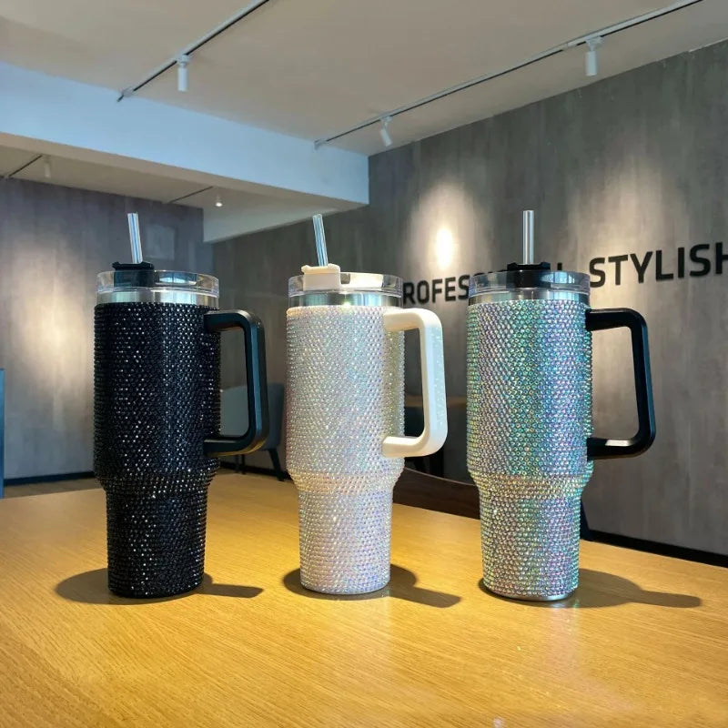 New 40oz Rhinestone Embellished Thermos Cup with Handle Tumbler Cup Coffee Insulated Bottle Car Vacuum Flasks Keep Cold And Ice