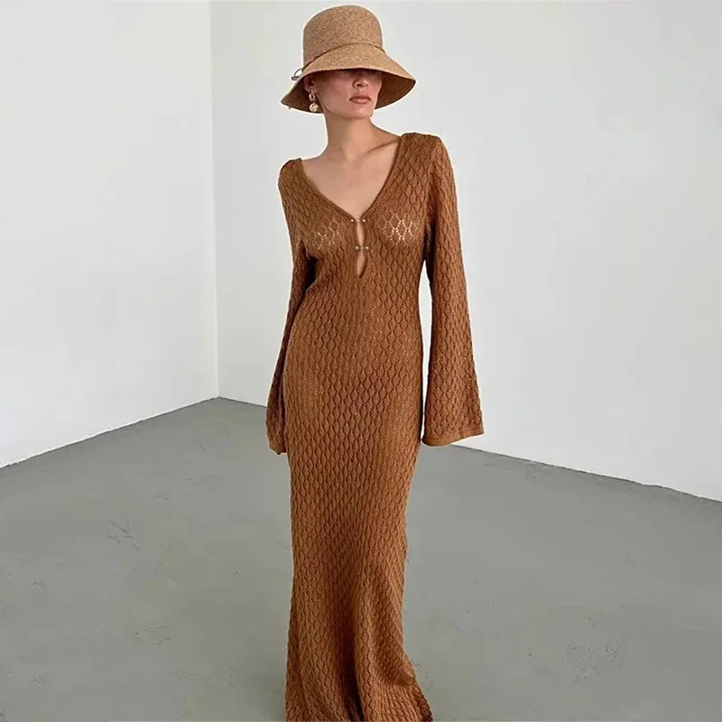 Trendix Knitted Crochet Cover Up Dress Women White Hollow Long Sleeve Maxi Dresses Vacation V Neck Backless Beach Dress Femme