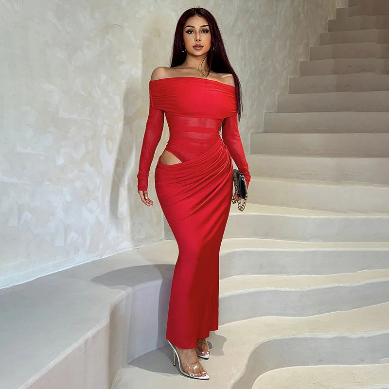 Trendix Off Shoulder Patchwork Dress Sexy Lace Backless Slim Long Sleeve Maxi Dresses Women's Beach Party Elegant Evening Dress