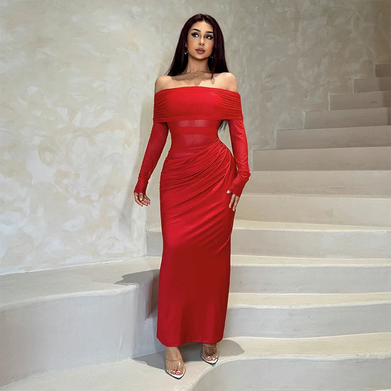 Trendix Off Shoulder Patchwork Dress Sexy Lace Backless Slim Long Sleeve Maxi Dresses Women's Beach Party Elegant Evening Dress