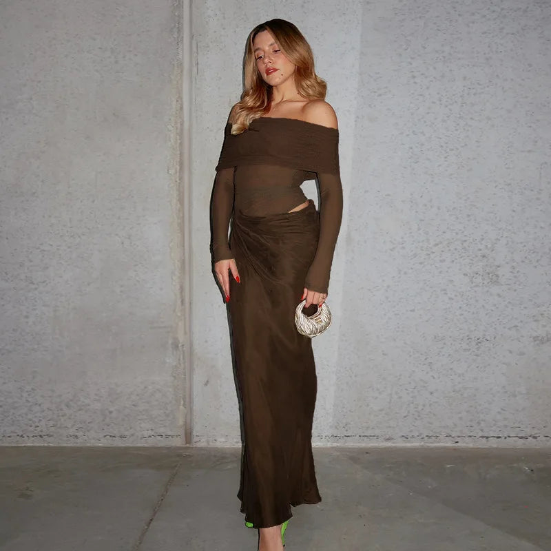 Trendix Off Shoulder Patchwork Dress Sexy Lace Backless Slim Long Sleeve Maxi Dresses Women's Beach Party Elegant Evening Dress