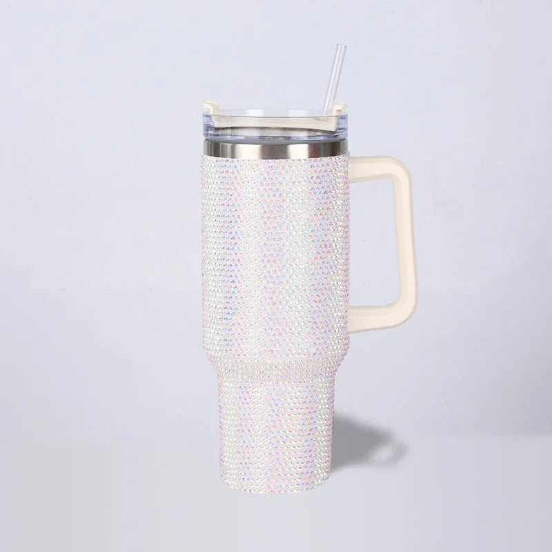 New 40oz Rhinestone Embellished Thermos Cup with Handle Tumbler Cup Coffee Insulated Bottle Car Vacuum Flasks Keep Cold And Ice