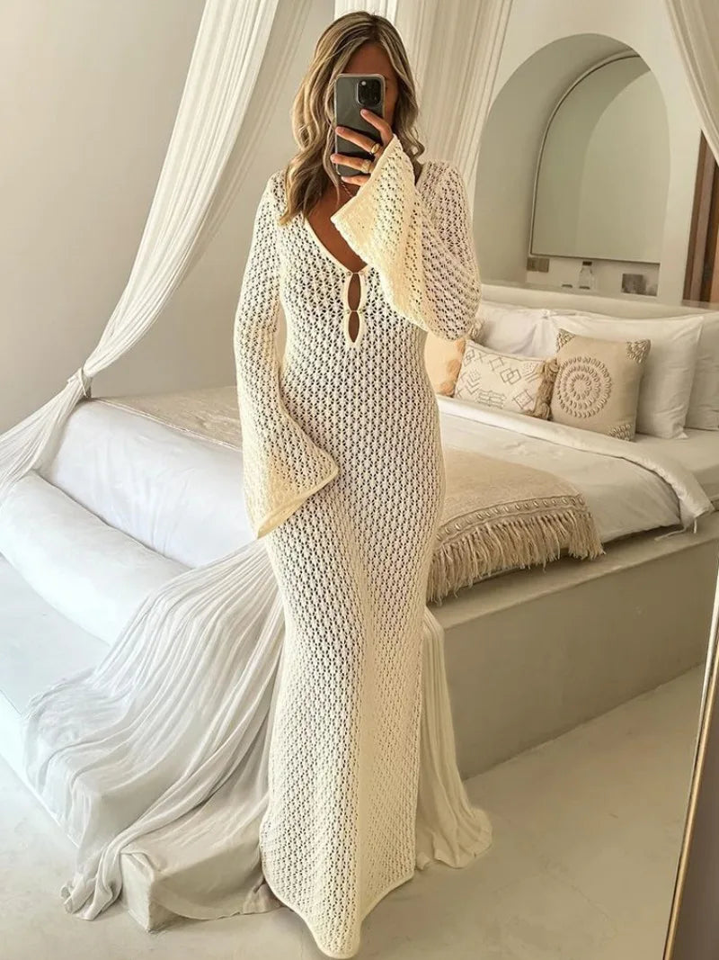 Trendix Knitted Crochet Cover Up Dress Women White Hollow Long Sleeve Maxi Dresses Vacation V Neck Backless Beach Dress Femme