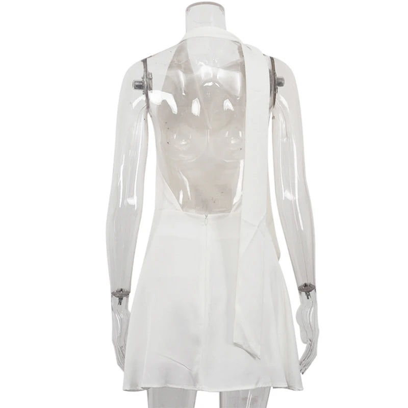 Trendix Sexy Backless Satin Dress For Women Solid Fashion Lace Up Halter Mini Dresses Vacation Casual Party A-Line Elegant Dress