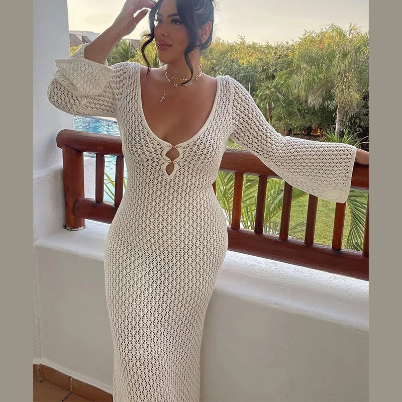 Trendix Knitted Crochet Cover Up Dress Women White Hollow Long Sleeve Maxi Dresses Vacation V Neck Backless Beach Dress Femme