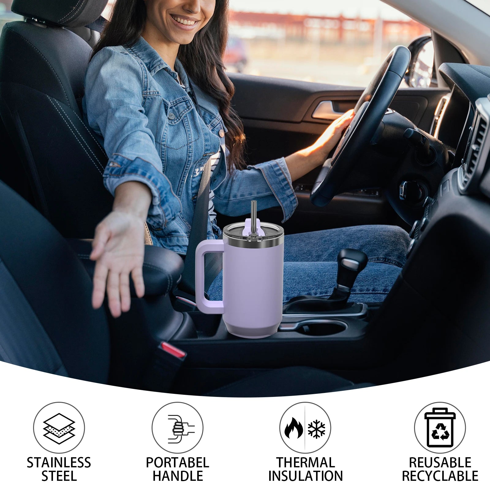 30/40oz Tumbler With Handle and Straw Large Capacity Stainless Steel Thermal Cup for Coffee Double Vacuum Insulated Mug