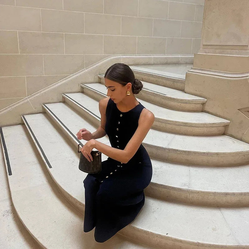 Trendix Elegant Knitted Dress For Women Patchwork Pocket Sleeveless High Waist Long Dresses Femme Street Slim Knit Evening Dress