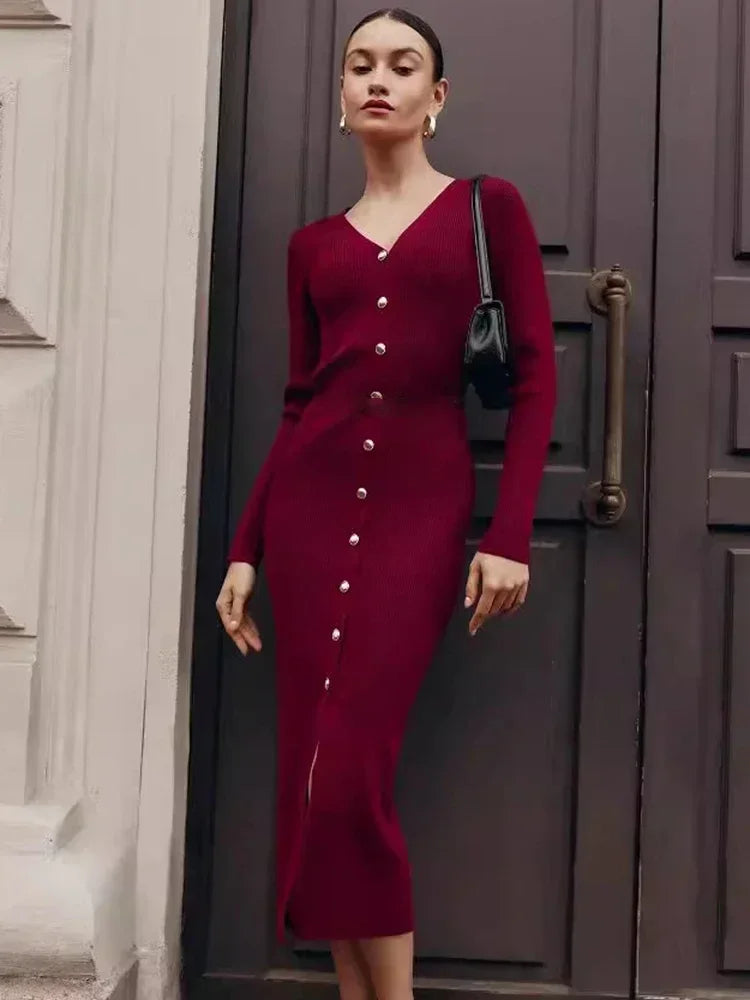 Trendix Elegant Evening Dress Women V Neck Long Sleeve Patchwork Button Slit Sweater Dresses 2024 Autumn Winter Knit Maxi Dress