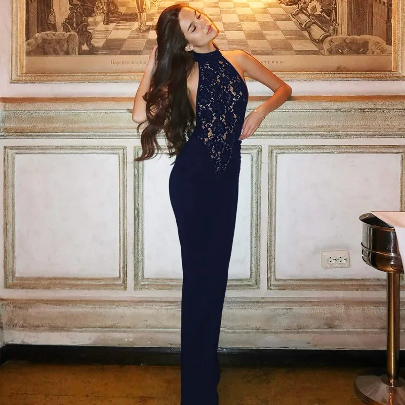 Trendix Lace Patchwork Elegant Evening Dress Women High Waist Slim Sleeveless Maxi Dresses Party Club Sexy Bodycon Long Dress