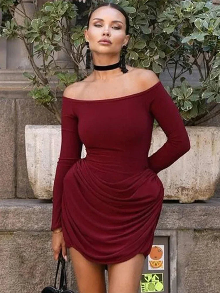 Trendix Pleated Bodycon Mini Dress Women's Sexy Off Shoulder High Waist Long Sleeve Dresses Femme Party Elegant Burgundy Dress