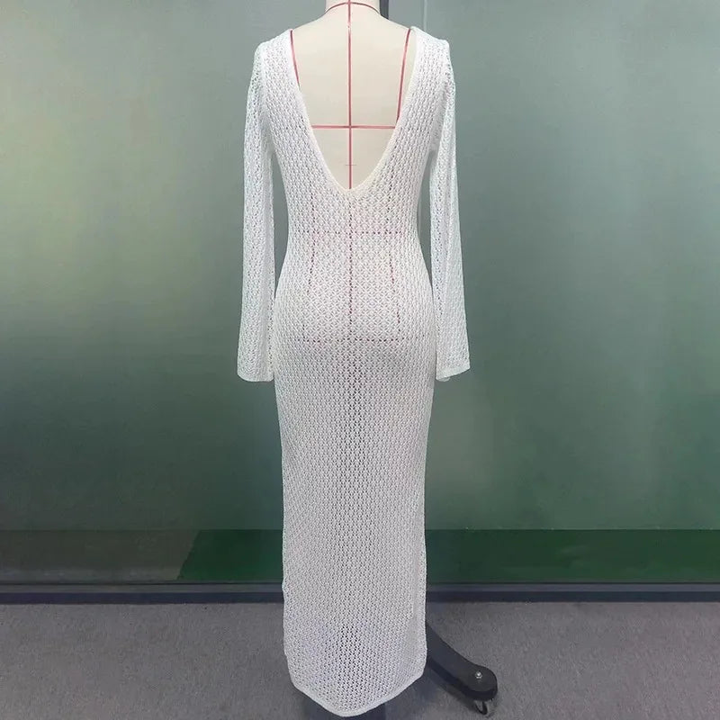 Trendix Knitted Crochet Cover Up Dress Women White Hollow Long Sleeve Maxi Dresses Vacation V Neck Backless Beach Dress Femme