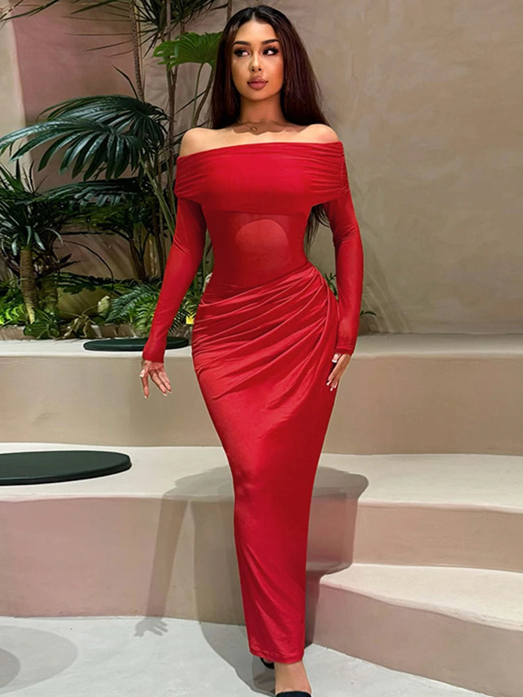 Trendix Off Shoulder Patchwork Dress Sexy Lace Backless Slim Long Sleeve Maxi Dresses Women's Beach Party Elegant Evening Dress