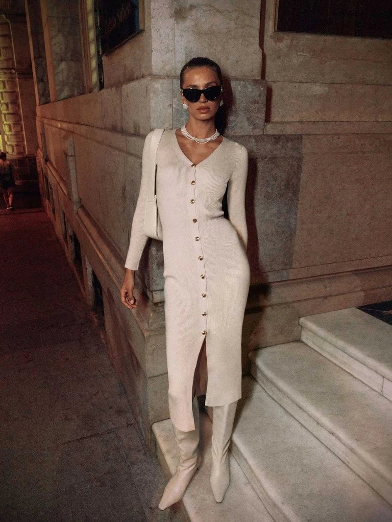 Trendix Elegant Evening Dress Women V Neck Long Sleeve Patchwork Button Slit Sweater Dresses 2024 Autumn Winter Knit Maxi Dress